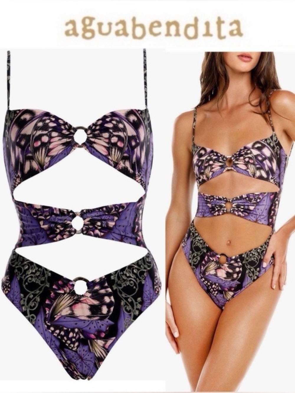 Agua Bendita Conga One Piece Swimsuit Purple Butterfly Cutout Sz XL NWT $210